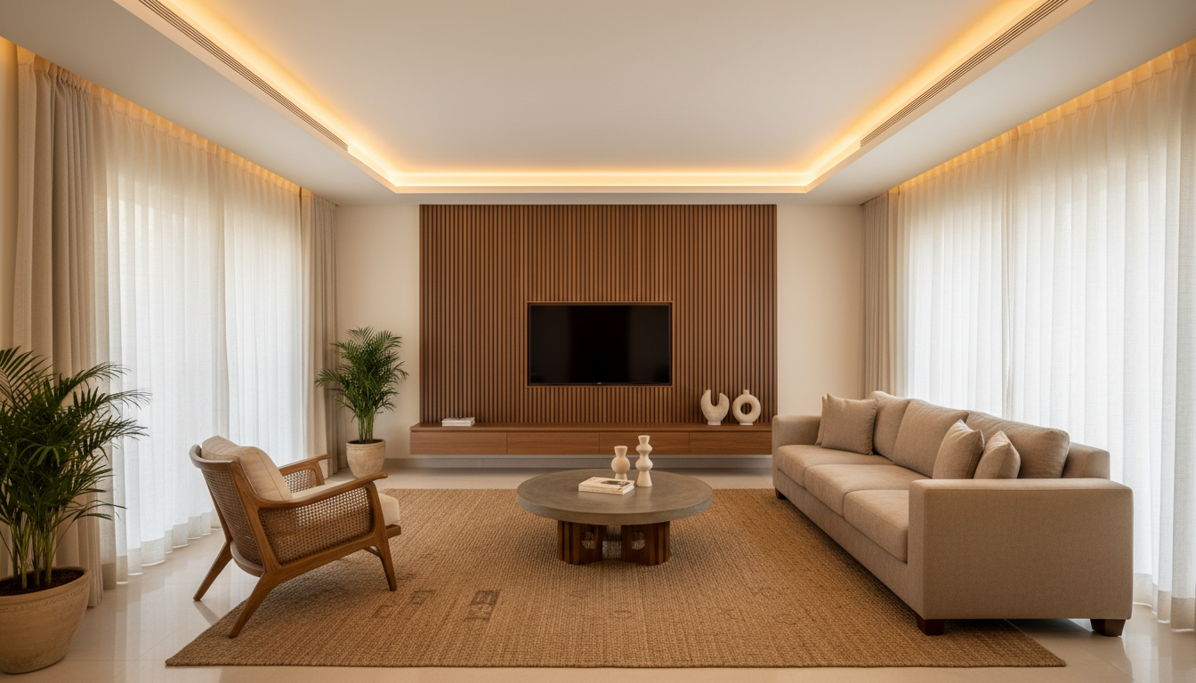 Modern luxury living room with beige sofa and walnut TV feature wall — illustrative sample